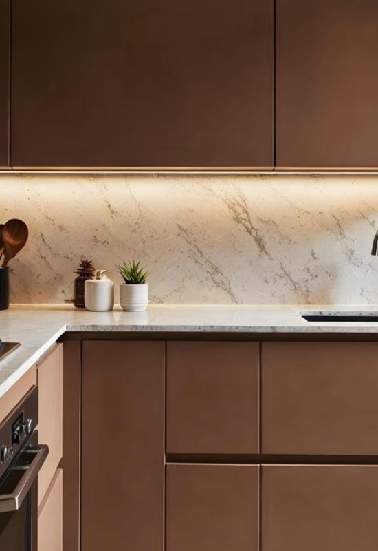κουζίνα με καφέ ντουλάπια
